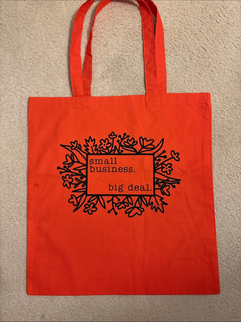 Orange Canvas Tote Bag with Black Floral Print